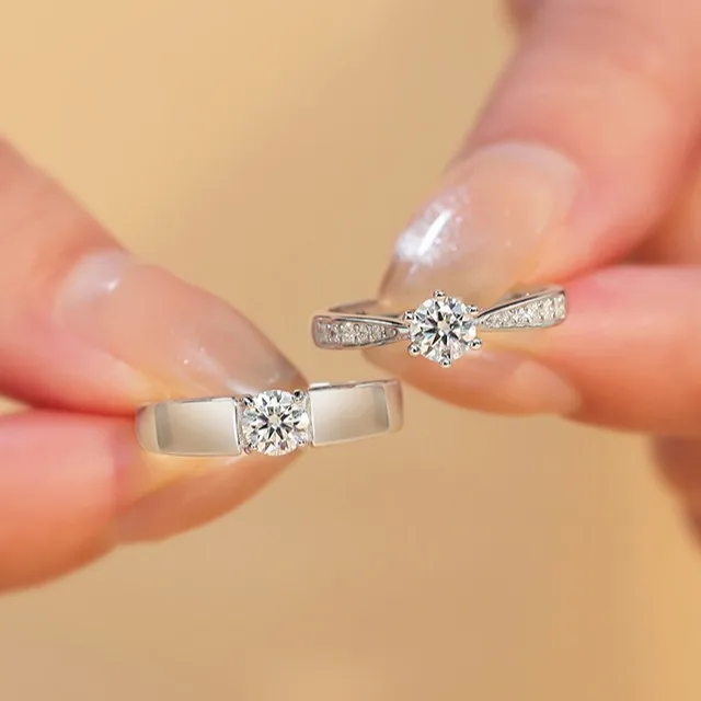 2pcs 925 Sterling Silver Couple Ring Fashion Jewelry Classic Style Austrian Crystal Prong Setting Women Girls Wholesale