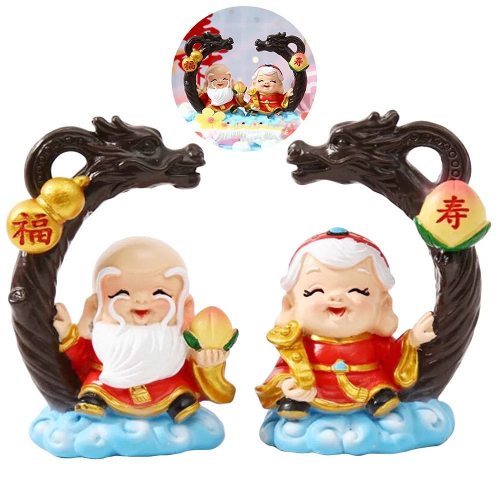 

2Pcs Resin Grandpa Grandma God Cake Decoration Vintage Look Birthday Tabletop Centerpiece Chinese Cultural Decor for Living Room
