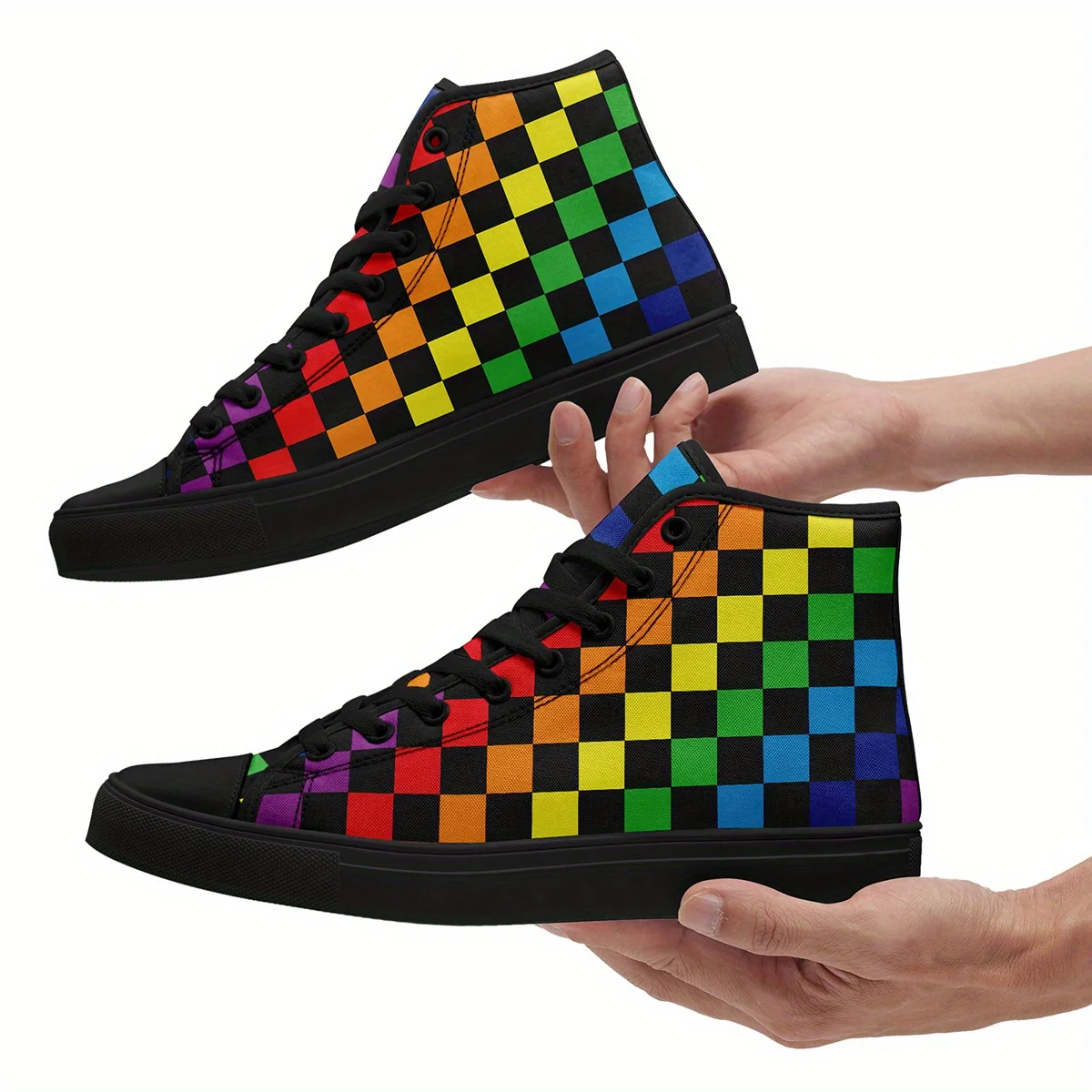 Customization High-Top Shoes For Women Featuring A Vibrant Rainbow Plaid Pattern, Stylish Colorful Check Design Casual Sneakers,