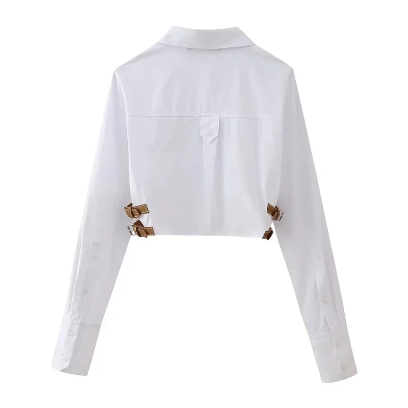 ASDs belt crop shirt Women button up white shirt woman fashion collared cropped shirts blouses streetwear spring long sleeve top