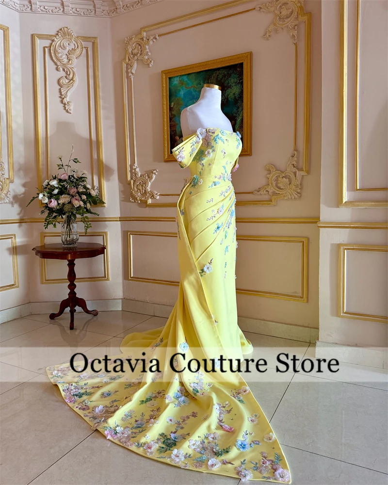 Robes de soirée sirène jaune citron, longues robes de bal à fleurs 3D, épaules dénudées, robes d'invitées de mariage personnalisées pour femmes élégantes saoudiennes