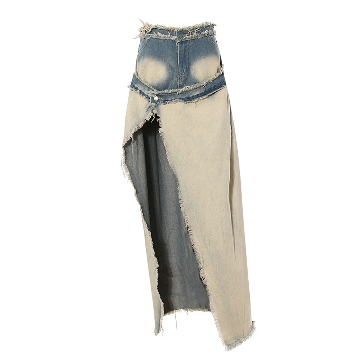 Gradient Long Denim Skirts Women Ripped Jeans High Waist Split Luxury Design Tassel Fake Two-piece Skirt Street Vintage Harajuku