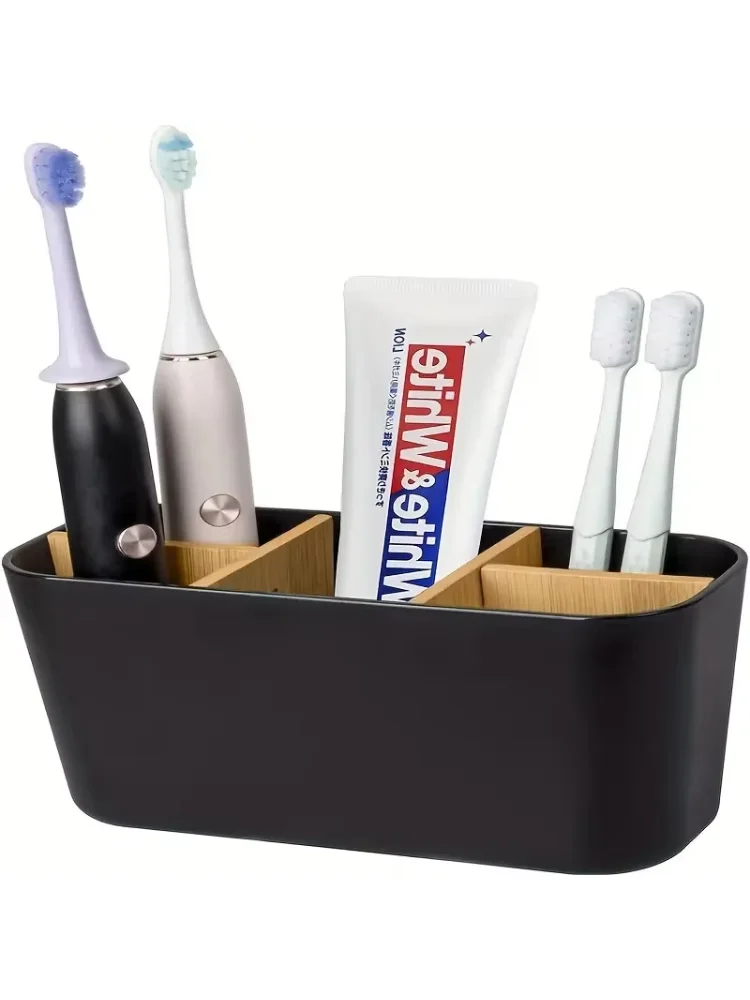 Black Plastic Toothbrush Holder with Dividers, 5-Slot Bathroom Countertop Organizer, Lightweight, No Electricity Needed