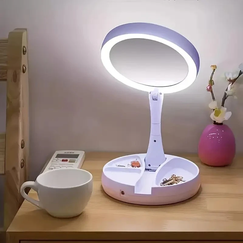 مرآة زينة LED مزدوجة الجوانب مع تكبير 1X/10X، قابلة لإعادة الشحن، سطوع قابل للتعديل، تصميم قابل للطي والمحمول للصنع