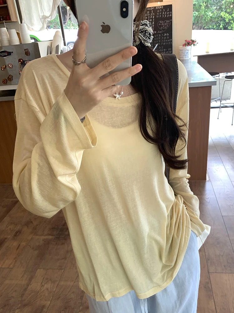 Korean Style Unique Beautiful Loose Semi-Transparent Women's Long Sleeve T-Shirt Base Layer Cover up Top for Early Autumn