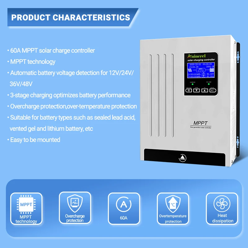 Aninerel 60A MPPT 12V 24V 36V 48V Solar Charge Controller Auto Detection Solar Cell Panel Charger US In Stock