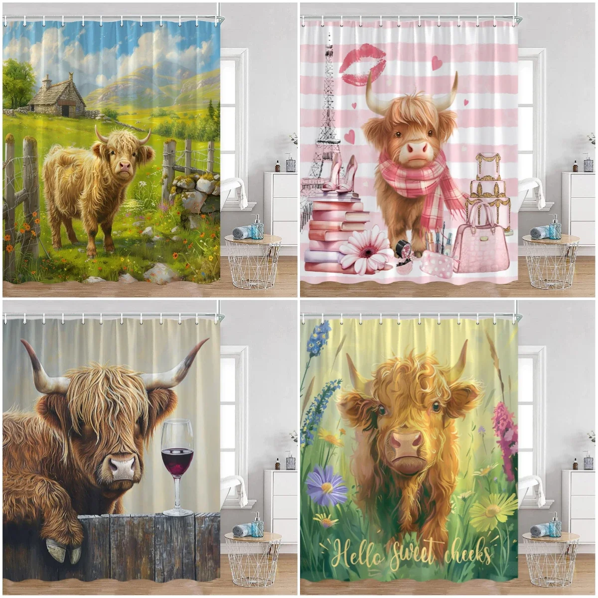 

Cartoon Highland Cow Shower Curtains Farmland Rustic Animals Rural Bathroom Decor Funny Polyester Fabric Bath Curtain with Hooks