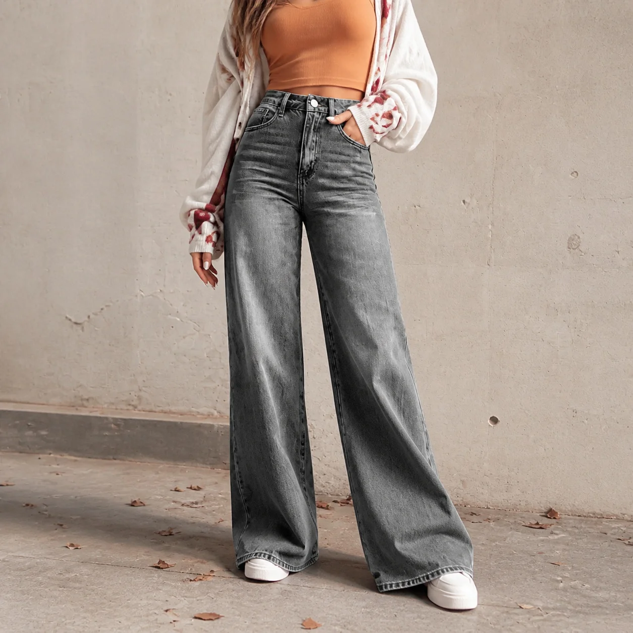 Women's Baggy High Waist Wide Leg Full Length Loose Fit Stone Washed Cotton Jeans for Women Casual Water Washed Denim Pants