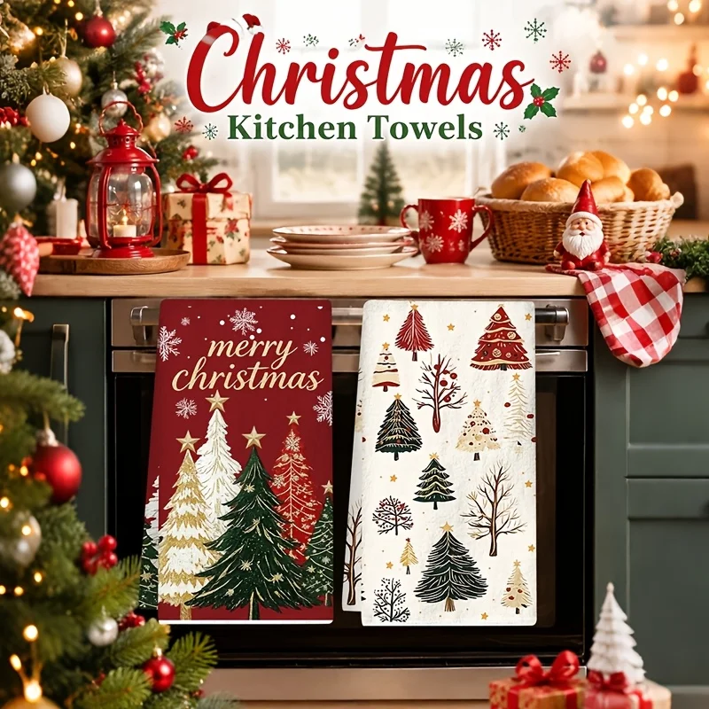 2-Pack Christmas Kitchen Towel Christmas Tree Snowflake Dish Towel, Red and Beige Super Soft Absorbent Hand Towel