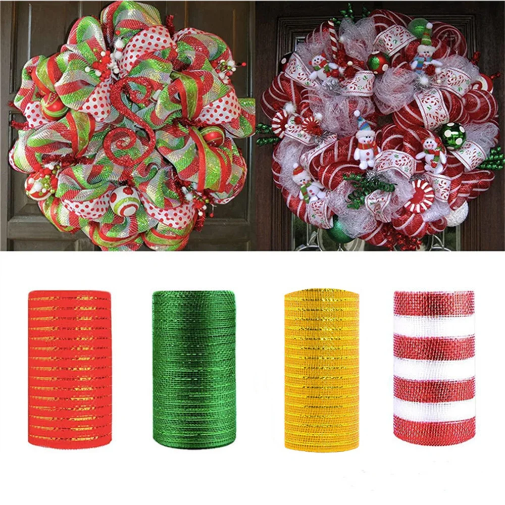 15cm 10yards Christmas Decor Mesh Ribbon for Wreath Making Wide Metallic Ribbon For Xmas Valentine's Day Diy Wrapping Ribbon