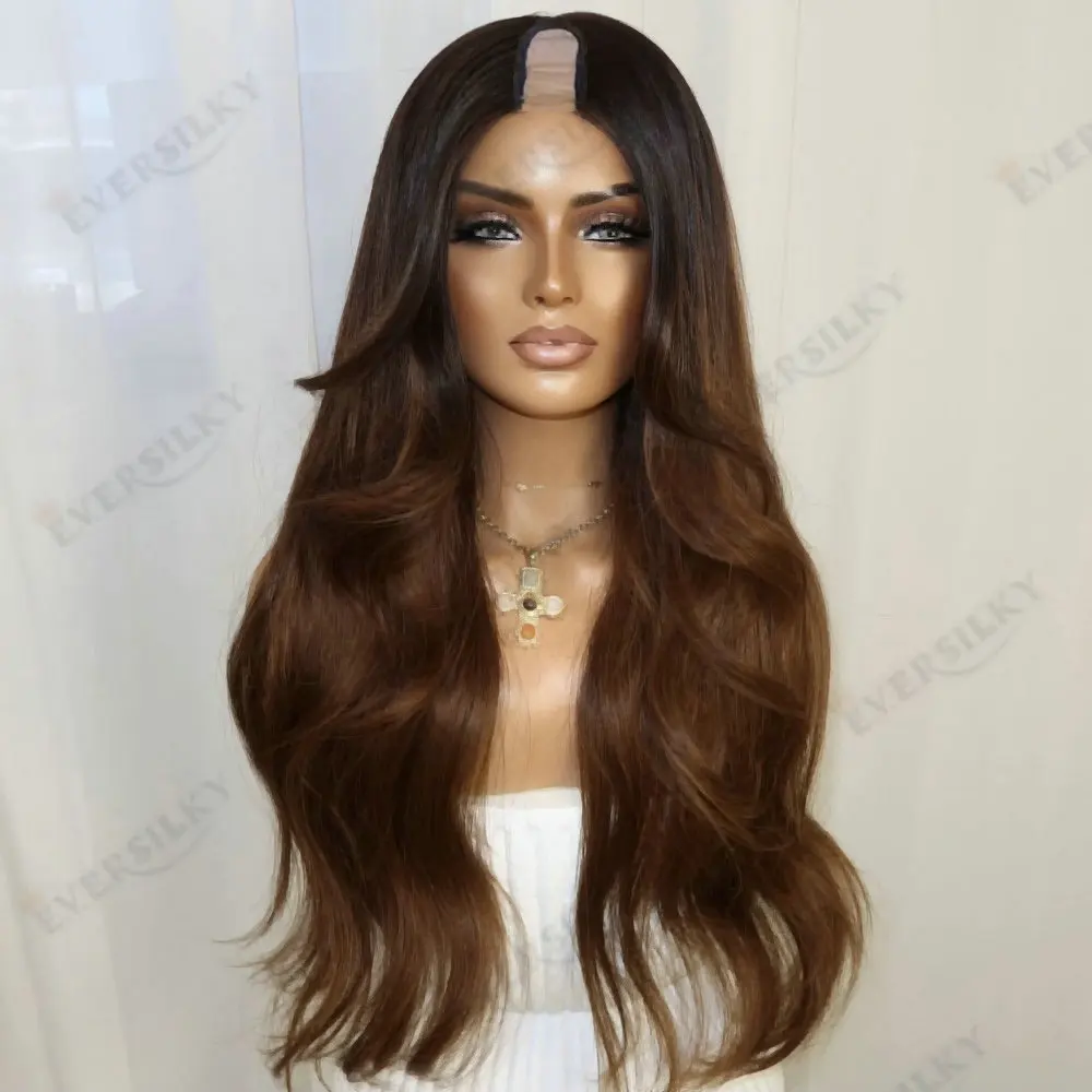 

Full Machine Made 1x4 U Part Wig 100%Human Hair for Black Women Natural Wavy Glueless Ombre Chestnut Brown Adjustable V Part wig