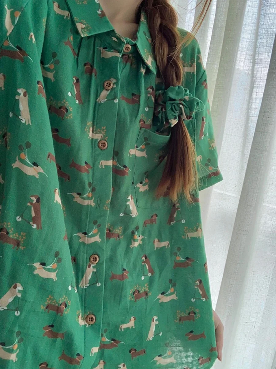 

Корейский милый комплект домашней одежды с мультяшным принтом собаки, летний повседневный кардиган с коротким рукавом для женщин, большие размеры