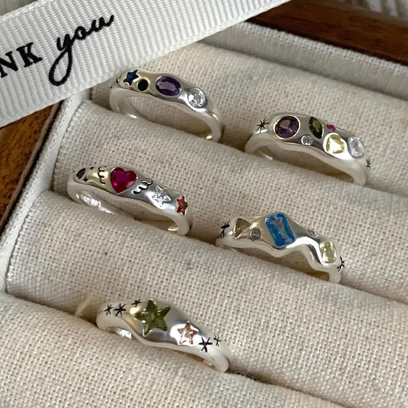 Cincin batu hati warna-warni sederhana perak Sterling 925 untuk wanita mode geometris Smiple terbuka buatan tangan alergi pesta hadiah perhiasan