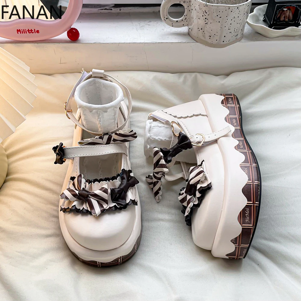 

Sweet Girl Lolita Shoes for Women's Flat 2025 New Summer Shallow Bow Cake Kawaii Shoes Elegant Platform High Heel Pumps