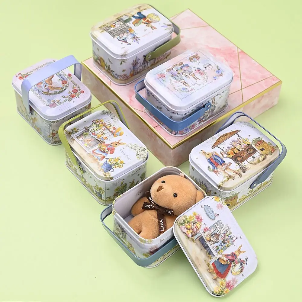 Rabbit Printed Small Gift Box With Lids Vintage Tinplate Hand-held Storage Can Metal Candy Cookie Suitcase For Wedding