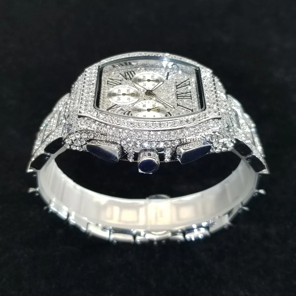 أعلى العلامة التجارية الفاخرة الماس ووتش الرجال عالية الجودة الفولاذ المقاوم للصدأ كوارتز ساعة اليد الهيب هوب الجليد خارج للماء ساعات كرونوغراف #5