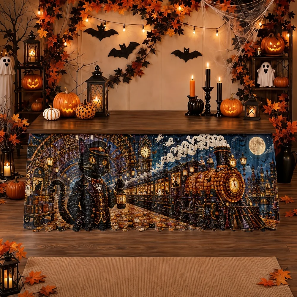 Table skirt/tableskirt steampunk, style, night scene, train, cat gentleman, halloween, christmas, winter