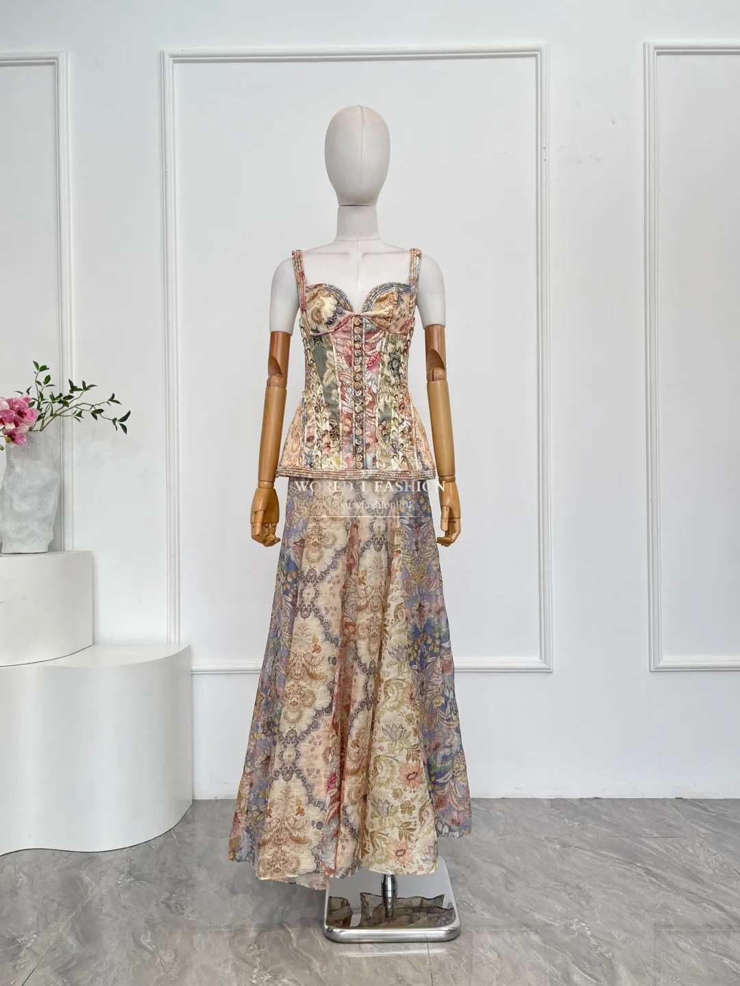 2025 nova moda rosa verde floral sem mangas sem costas vestido midi de alta qualidade