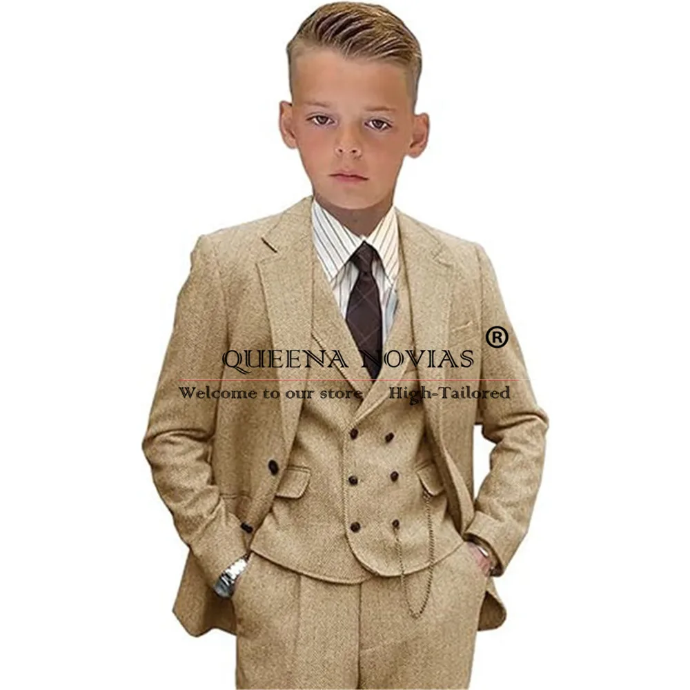 Abiti per bambini per ragazzi vestiti da festa formale set da 3 pezzi Tweed a spina di pesce Slim Fit bambini giacca da smoking da sposa pantaloni gilet