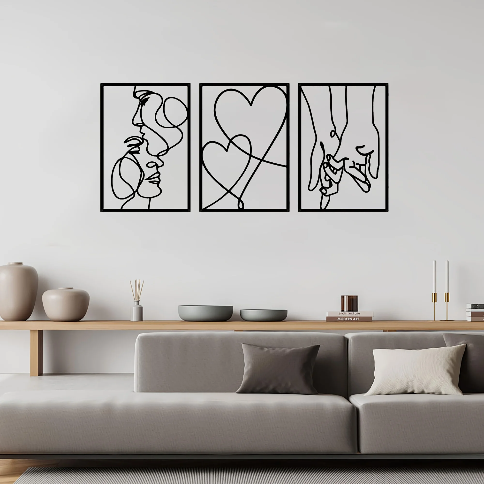 3pcs Set of Lovers Kissing and Holding Hands Heart Pattern Wall Decor, Iron Art Minimalist Lines, Easy-to-Hang Home Decor Art