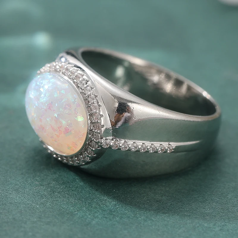 Ästhetischer Eingelegter Imitations-Opal Weißer CZ Damenring Silberfarben Geometrisch Tägliches Tragen Party-Schmuck Jubiläumsgeschenk – Detail 3