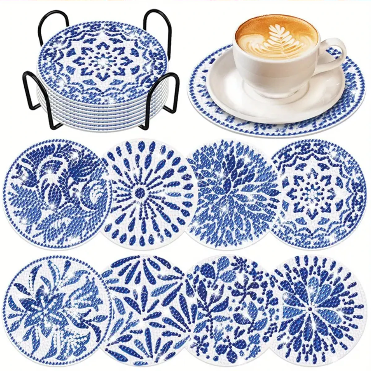 8-piece Set of DIY Diamond Painted Coasters with Blue and White Porcelain Pattern and Complimentary Cup Holder