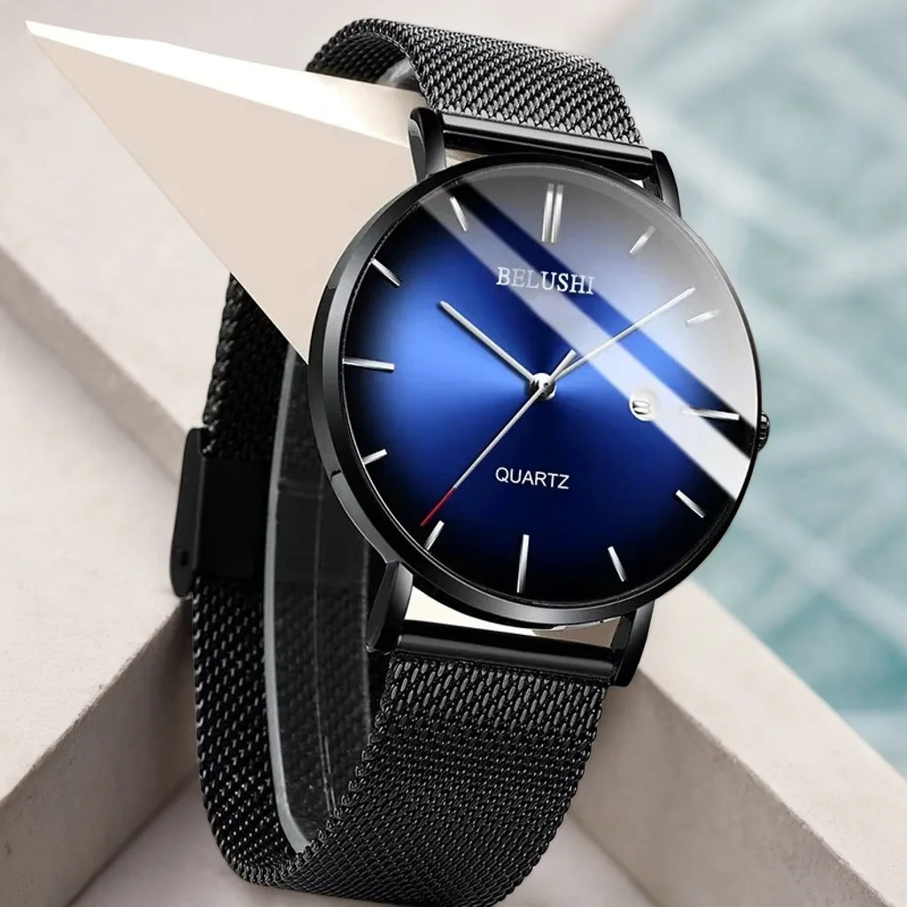 BELUSHI Fashion Mens Watches Top Brand Luxury Slim Steel Mesh Quartz Watch Men Business Waterproof Analog Wrist Watch Male Clock