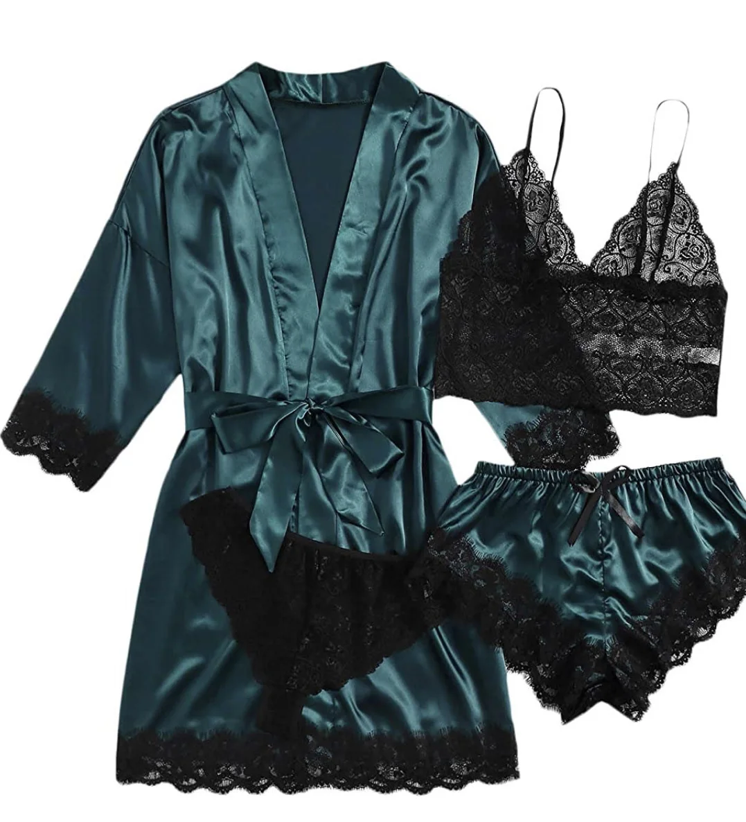 new Women\'s Sleep Lounge New Pajama Sets European American 4-piece set with lace satin suspender summer set for sleeping pajamas