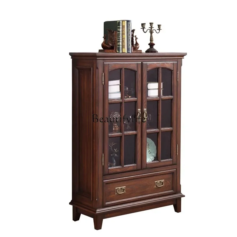 

ld14American-style Solid Wood Double-door Glass Low Wine Cabinet for Living Room Home Use Against Wall Entrance Cabinet