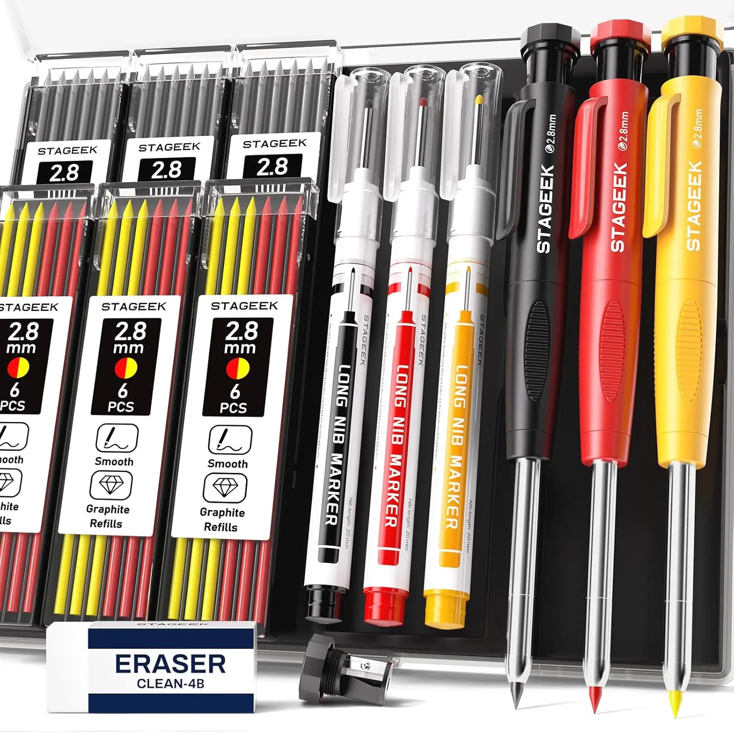 

3PCS Carpenter Pencils with Sharpener, Heavy Duty Woodworking Tools, Mechanical Pencil Set with 39 Refills, Deep Hole Long Nib Markers for Architect Marking with Case