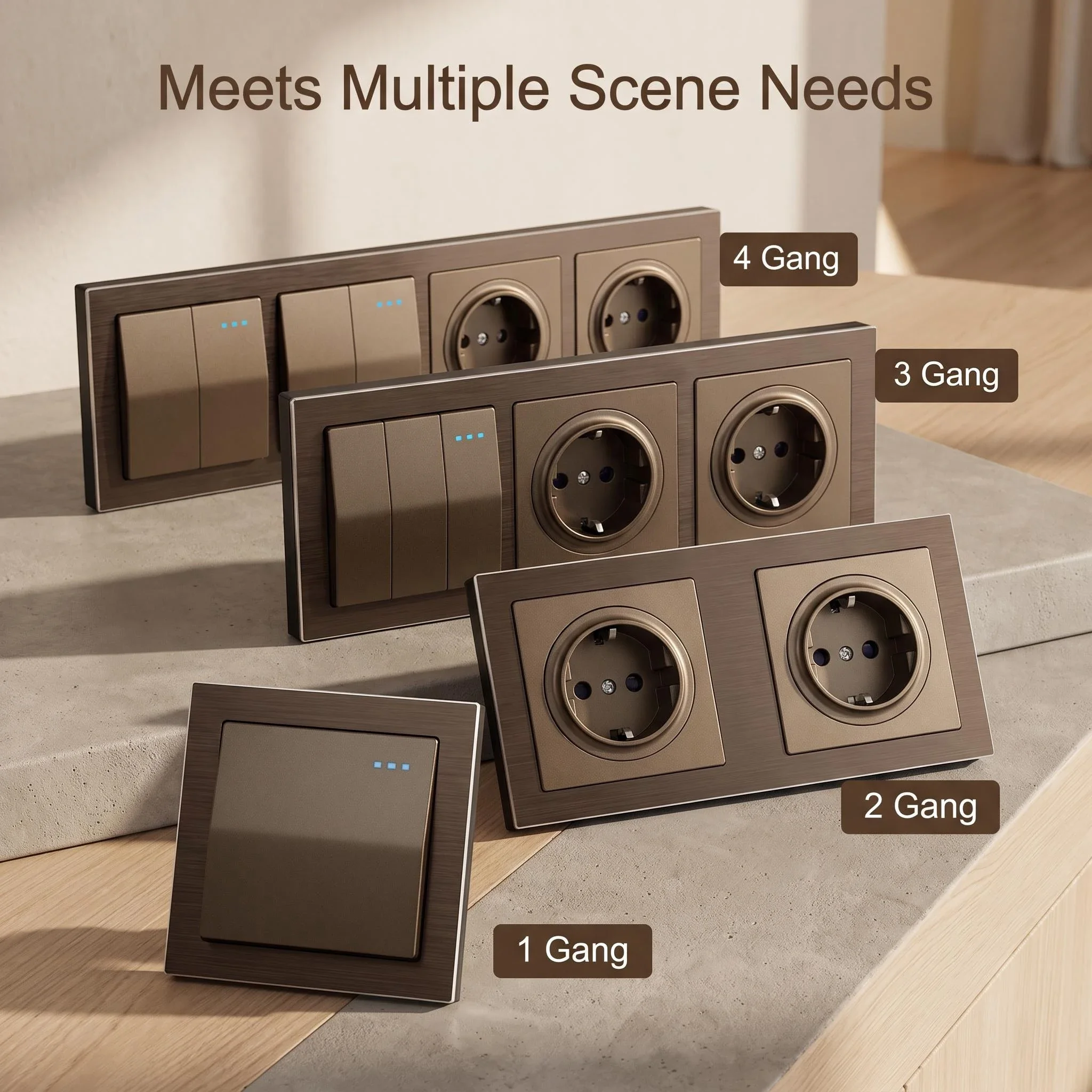 Retro Wall Light Switch Matte Brown Brushed Aluminum Frame 1-4 Gang EU Power Socket USB Charge Port Dimmer HDMI Outlet L76