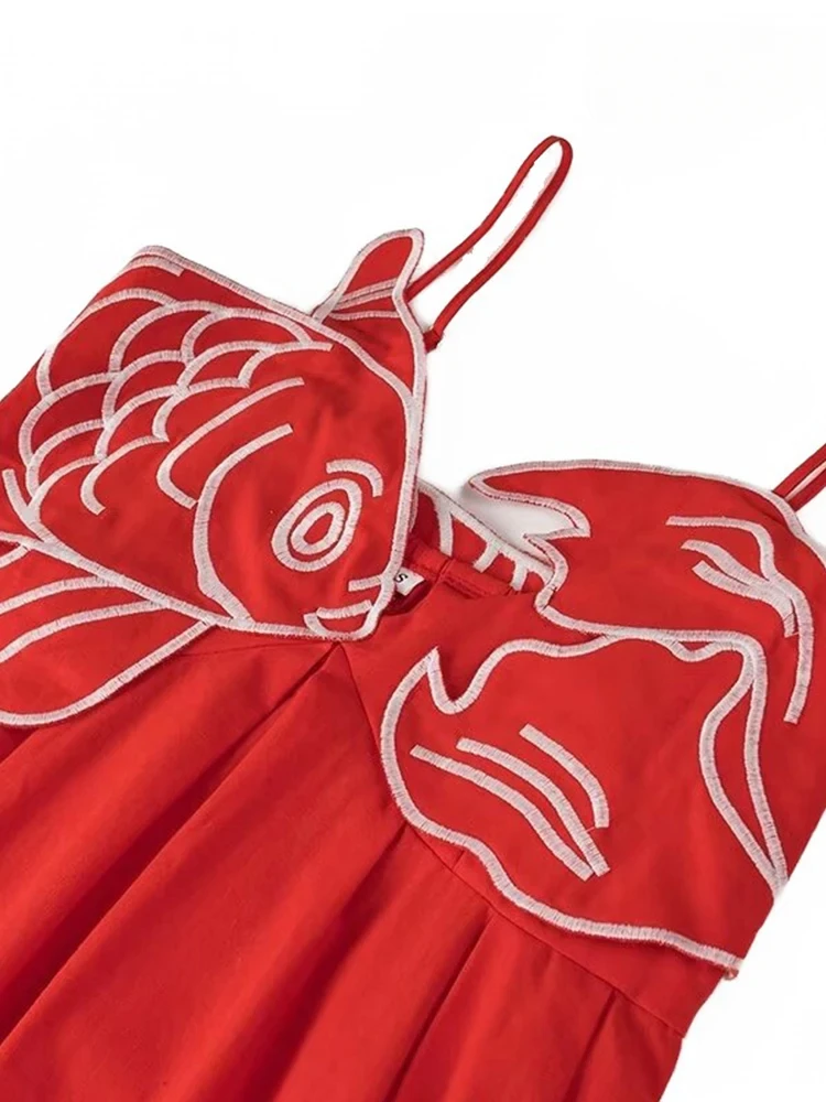 Women Fashion Simple Red Embroidery Halter Dress Long V-Neck Temperament Dress Elegant Koi Embroidery Decoration Dresses