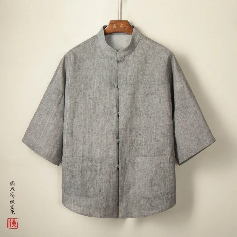 2023 Chinese Style Men\'s Cotton Linen Shirt Jacket Tang Short Sleeve Jacket Top Solid Color Traditional Kung Fu Large Size 4XL