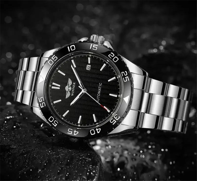 Fashion Winner Top Brand Men Luxury Full Black Stainless Steel Mechanical Automatic Date Christmas Business Wrist Watches