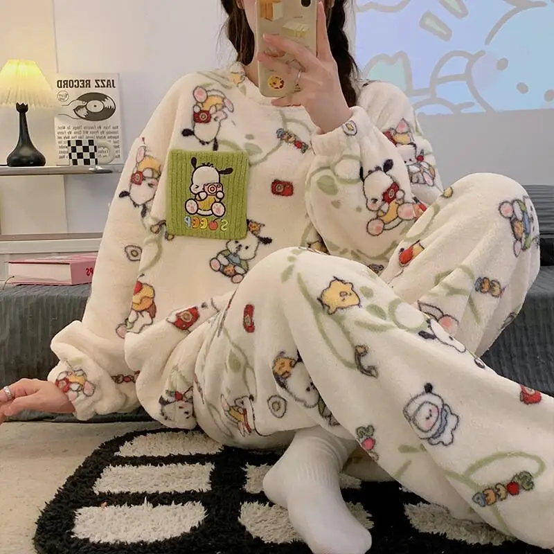 

Женский пижамный комплект Sanrio Hello Kitty, одежда для сна, домашняя одежда, милый мультяшный дизайн, осенне-зимний, уютный, теплый, пуловер с длинными рукавами, длинные брюки