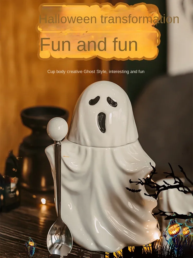 Creative Hollow Ghost Coffee Cup Ceramic Mugs with Spoon and Lids Funny Personalized Cup Office Halloween Tea Cup Friends Gifts