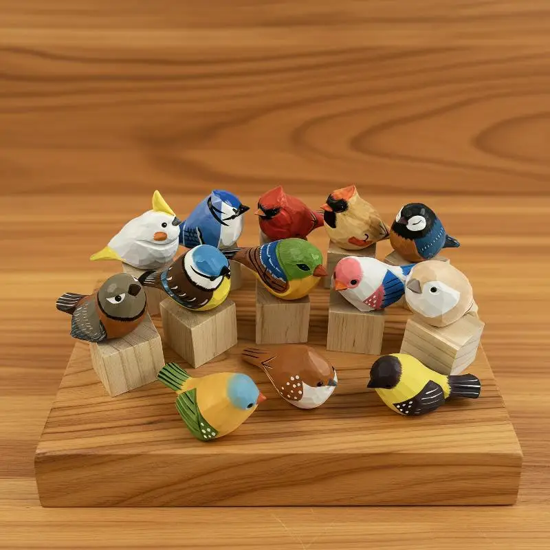 Hand Carved Wooden Bird Figurines Waterproof Hand Painted Colorful Coating Natural Wood Base for Patio Decor Craft Gift