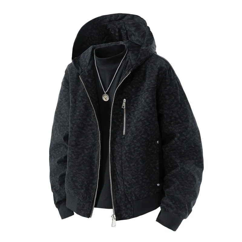 Man Cargo Jacket Autumn High Street Windproof Washed Printed Loose Men Outerwear Long Sleeve Zipper Casual Male Hooded Coat