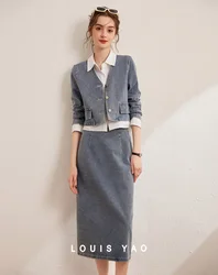 LOUIS YAO 2024 Color Blocking Retro Two-piece Set Autumn Denim Lapel Jacket and Skirt Non Elastic Women's Suit