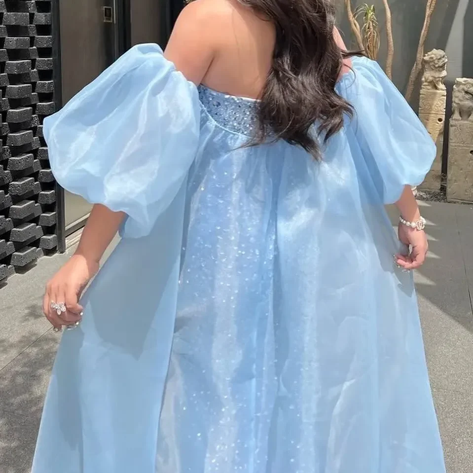 Customized Baby Blue Mermaid Evening Dress Crystal Beaded Sparkly Prom Dress Strapless Puffy Sleeves Formal Dresses For Special