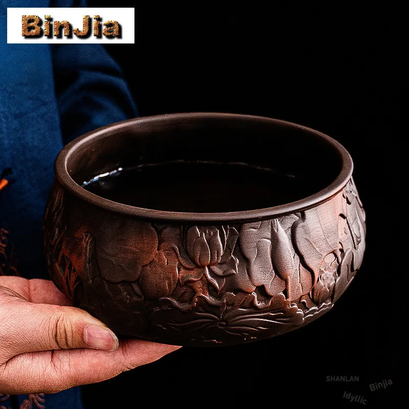 

1100ml Relief Lotus Purple Pottery Jianshui Washing Cup Bowl Water Washing Slag Tank Household Chaxi Accessories Ornaments