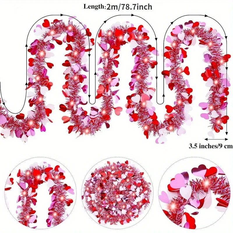 2pcs Valentines Tinsel Garland with LED Light  String  Valentines Tree Hanging Garland Decoration for Indoor Outdoor Decorations image 3