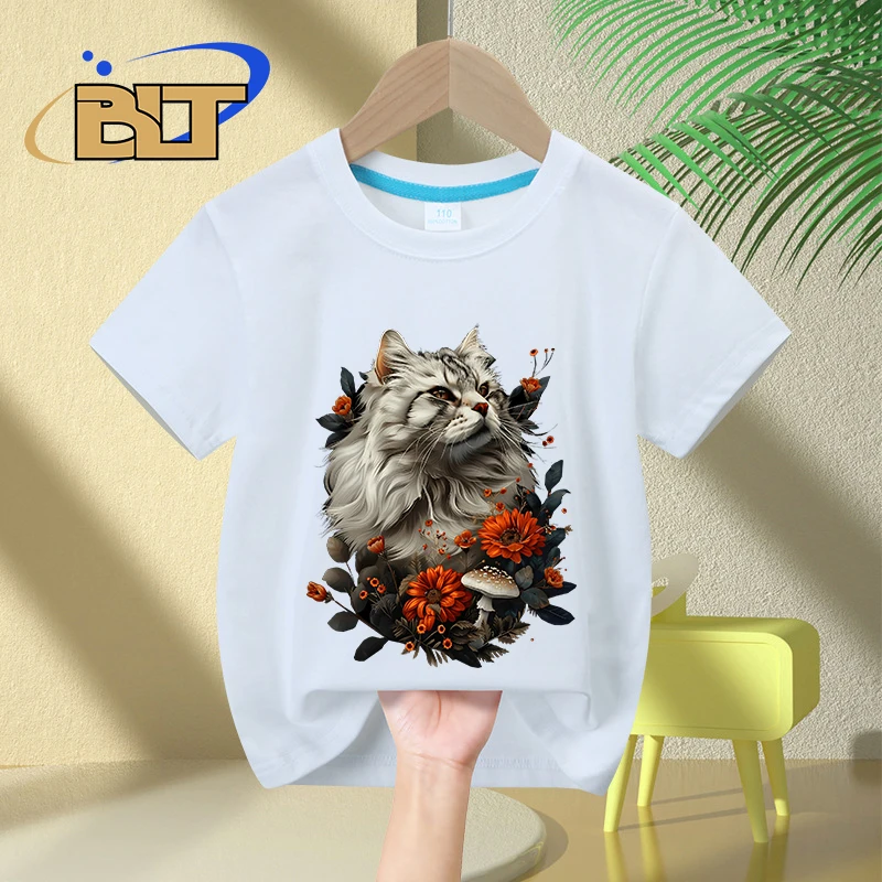 Flower mushroom cat print children's clothing summer kids T-shirt pure cotton short-sleeved casual tops boys and girls gifts