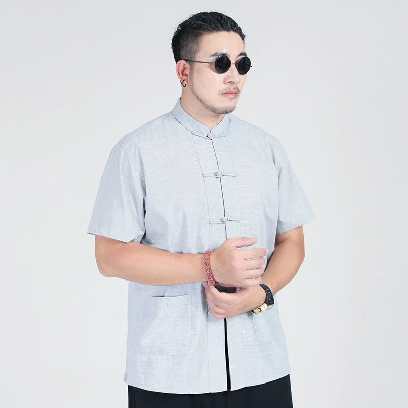 Tangpak Button-down overhemd met korte mouwen voor heren met dikke grote maat Chinese stijl losse retro linnen overhemden heren
