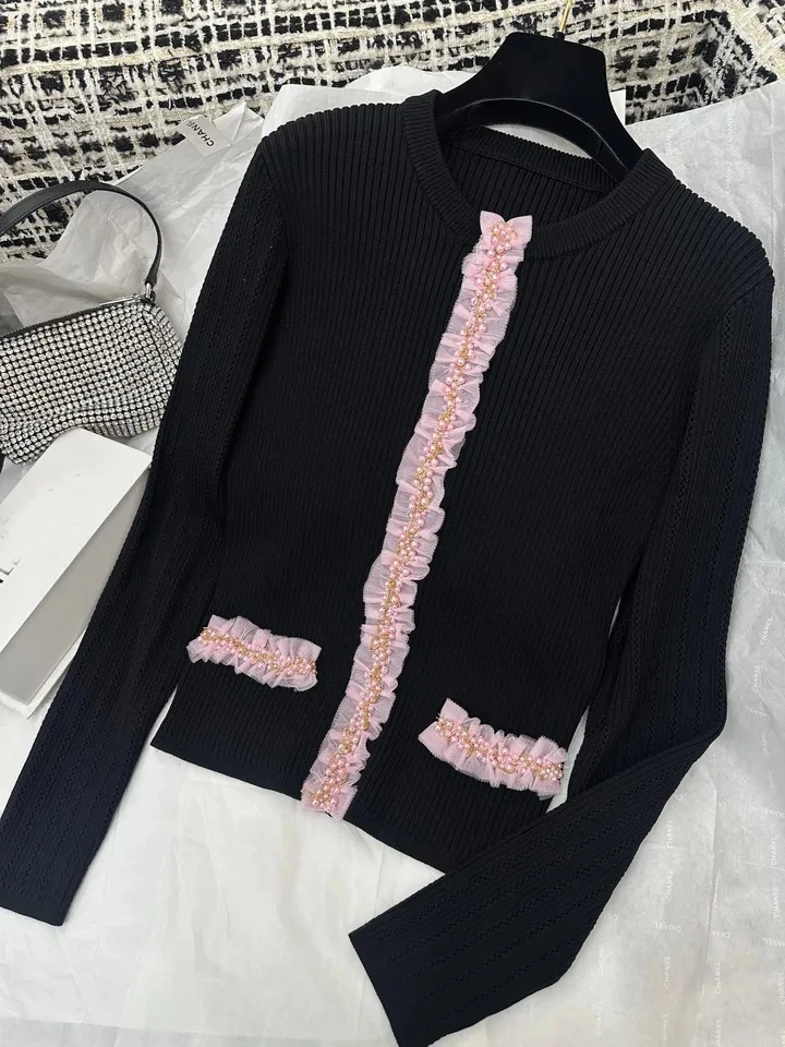 

2024SS Spring Autumn Luxury New Women Beading Black Slim Sweater Cardigans for Ladies