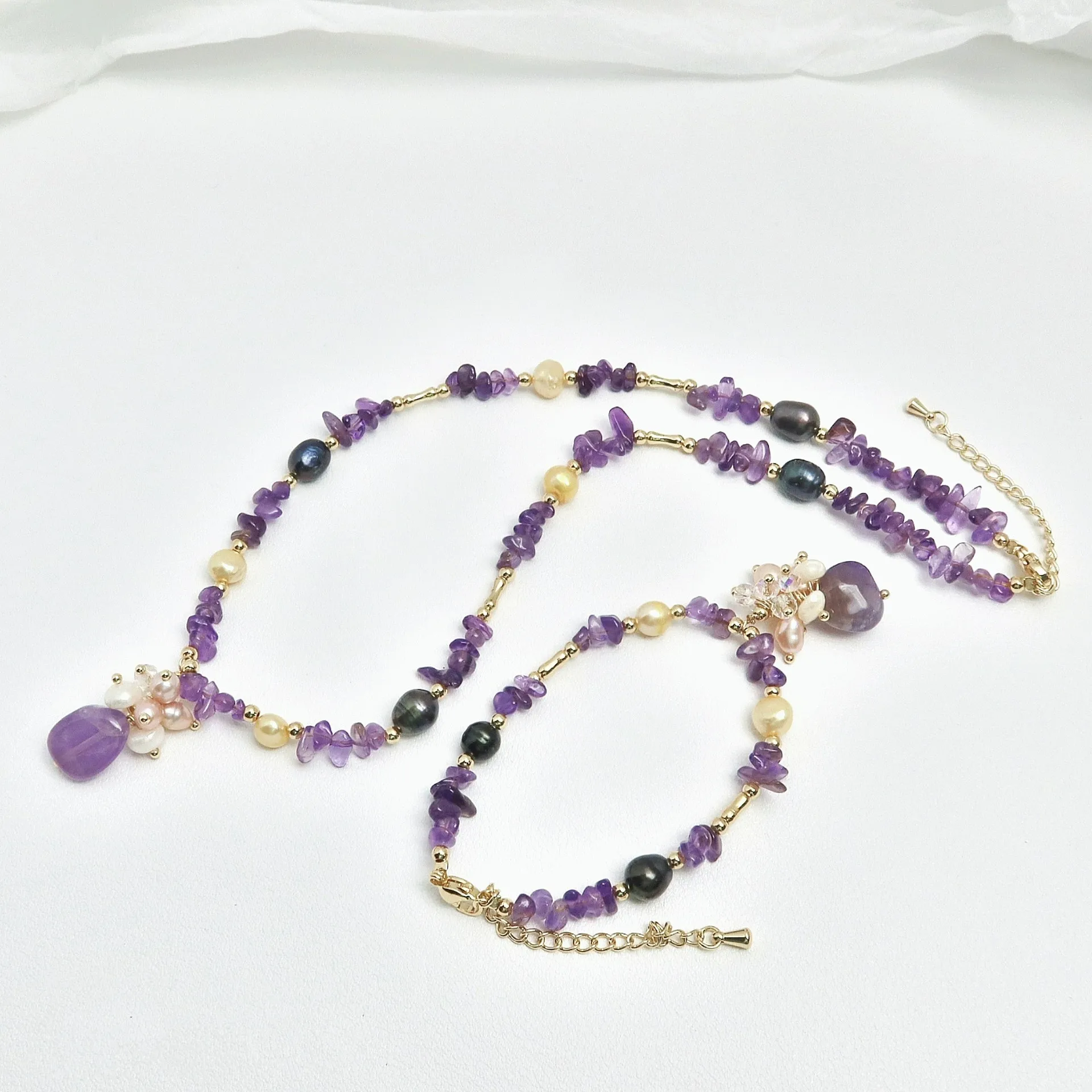 

Irregular Purple Crystal Natural Freshwater Pearl 14K Gold Filled Lady Jewelry Sets Women Bracelet Necklace New Year Gifts Cheap