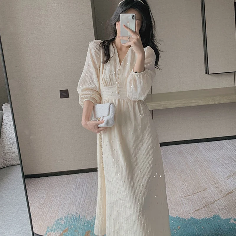 Korean Style Sequins Party Dress Vintage French Puff Long Sleeve Midi Dress Women Elegant V-Neck Fairy Wedding Dress Robe 20586