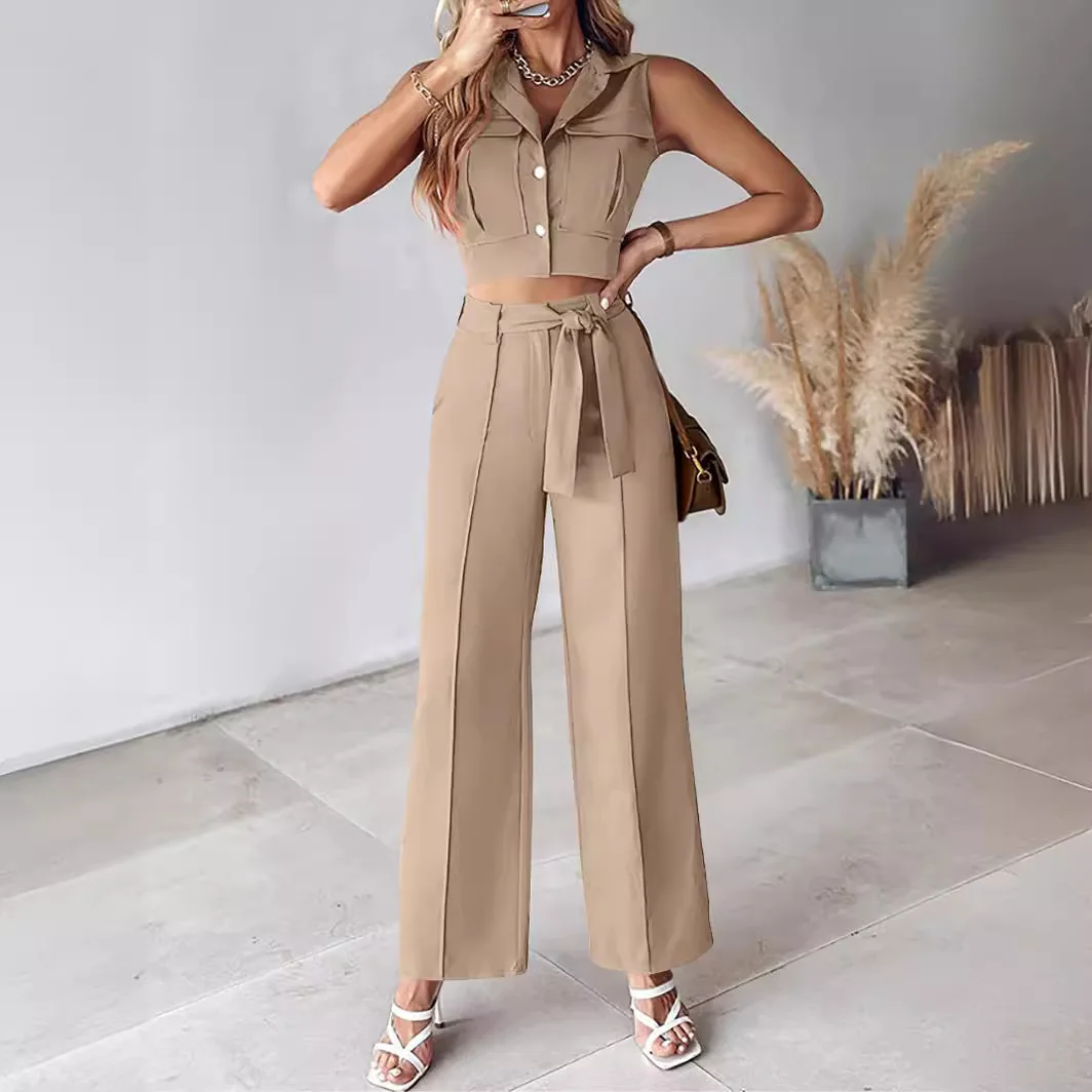 Fashion Solid Suit For Women Elegant Lapel Single Breasted Sleeveless Top Lace Up Straight Trousers Two Piece Set Summer New