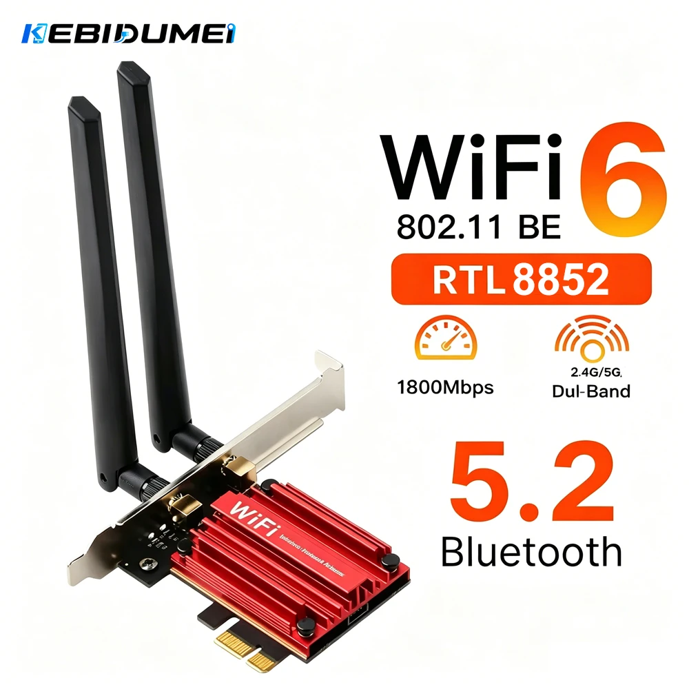 

KEBIDUMEI 1800Mbps WiFi6 Adapter Bluetooth 5.2 PCIE Wireless Network Card 802.11ax Dual Band 2.4G/5Ghz For Desktop Win11 10