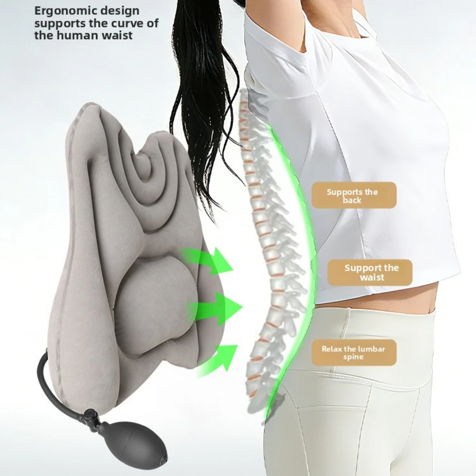 New Portable Press-Inflatable Lumbar Support Pillow Soft Portable Waist Cushion for Office Car Travel Relieve Lower Back Pain